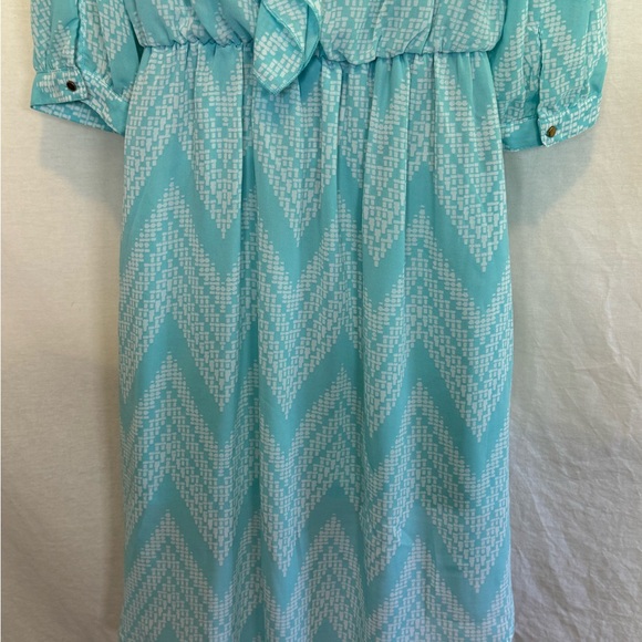 F-130 Takara Teal & White 1/2 Sleeve Hi Lo Lined MIDI Dress Size M - Picture 8 of 15